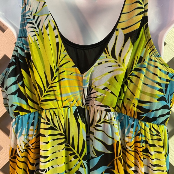 Denim & Co. Beach Printed V-Neck Surplice Swim Dress Black/Aqua/Palm Plus 20W - Picture 6 of 9